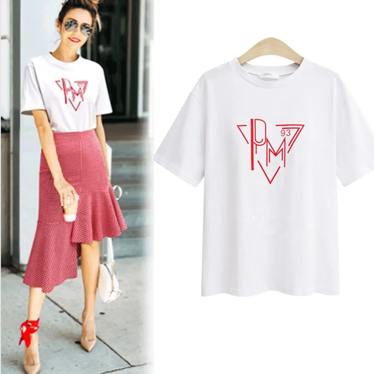 

2018 New Style Europe And America Large Size Dress New Style Fat Mm Loose-Fit Solid Color Lettered Casual Cotton T-shirt 200