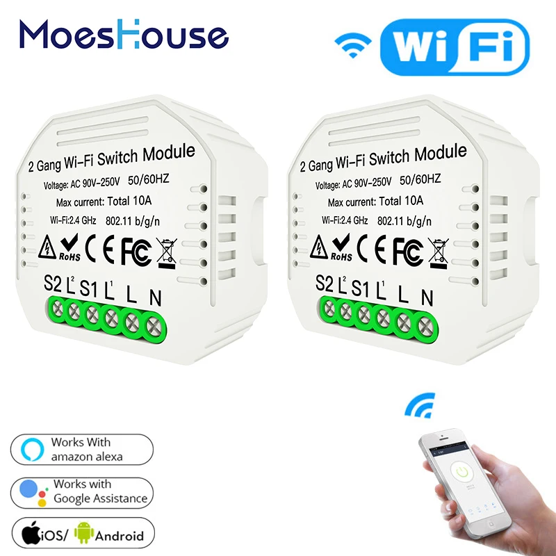 2 Gang 2 Way Wifi Smart Light Switch Diy Breaker Module Smart Life/Tuya APP Remote Control,Working with Alexa Echo Google Home