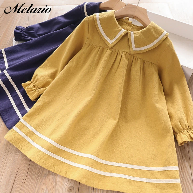 

Fashion Girls Dress New Autumn College Winds Style Girls Clothing Long Sleeve Peter Pan Collar Children Kids Dress Solid Clothes
