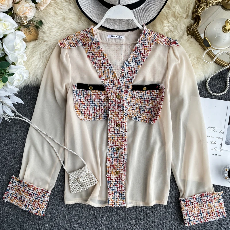  New Women Fashion Chiffon V-neck Full Sleeves Coarse Knitting Colors Woollen Ornament Blouse Shirt 