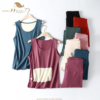 

SISHION 2020 Fall & Winter Patch Thermal Underwear Women Set SP1275 Black Red Pink High Waist Warm Plus Velvet Thick Pajamas