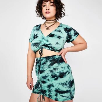 

Dye Print Two Pieces Set Women V-Neck Short Sleeve Drawstring Crop Top And Mini Dress Woman Sexy Streetwear New