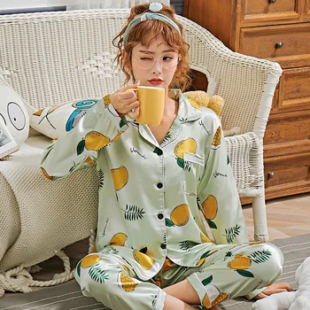 

Autumn Women's Pajamas Sets with Print Fashion Luxury Female Faux Silk Two Pieces Shirts + Pants Nighties Sleepwear