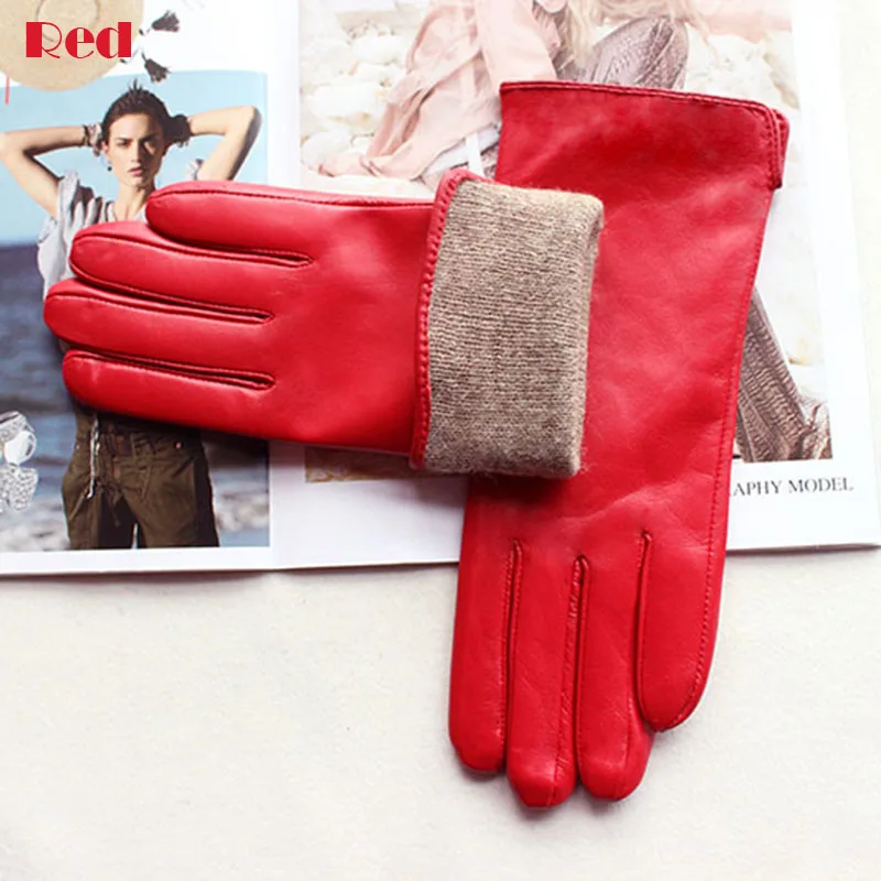 Leather Sheepskin Gloves Women's Autumn Warm Fleece Lining Color Fashion Thin Outdoor Activities Electric Bike Riding Driving