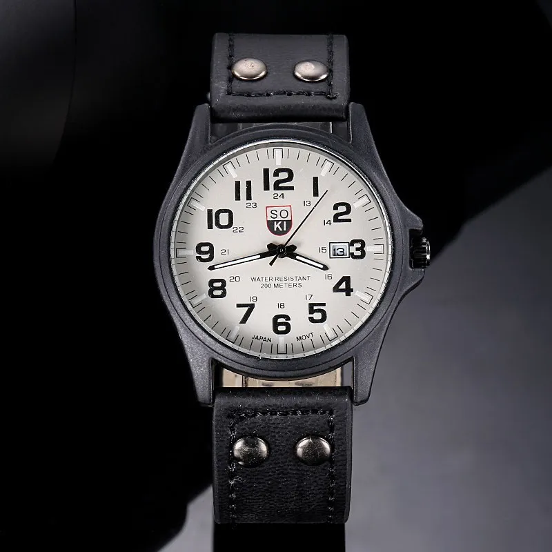 Брендовые спортивные военные часы, модные повседневные кварцевые часы с кожаным ремешком для мужчин, новинка, SOKI, Роскошные наручные часы, часы для мужчин
