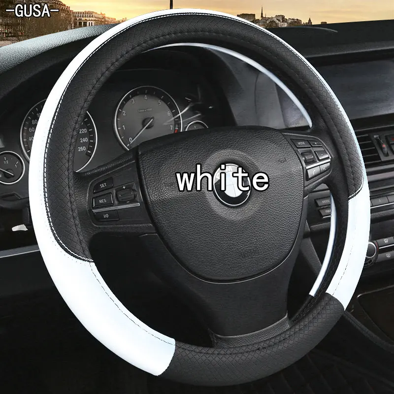 Черный кожаный GUSA чехол рулевого колеса автомобиля для Suzuki Jimny - Название цвета: white