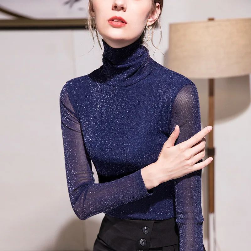 

Zoulv Turtleneck Net Yarn Bottoming Shirt Women's Autumn and Winter New Style with Flashing Silk Long-sleeved Western Style