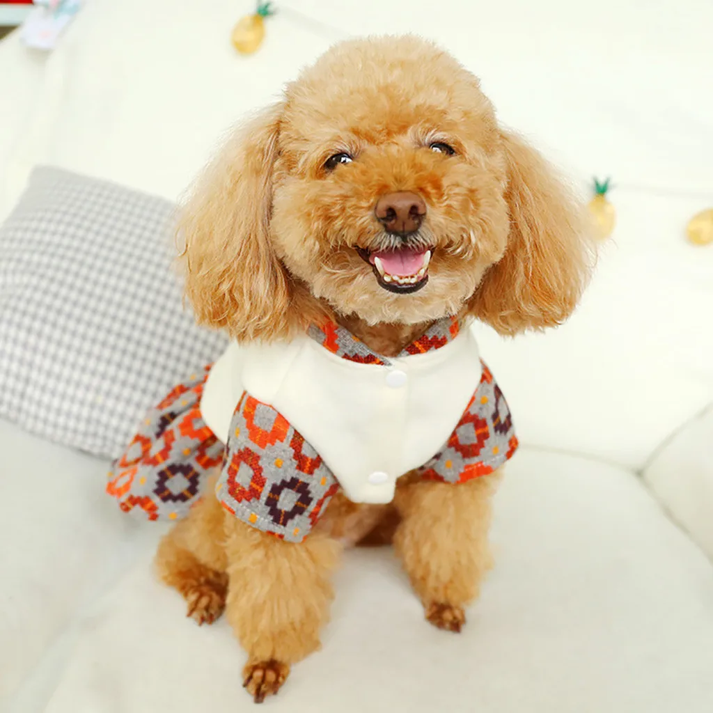 New Pet Bow Fashion Print Skirt Autumn And Winter Comfort Cat Dog Clothing