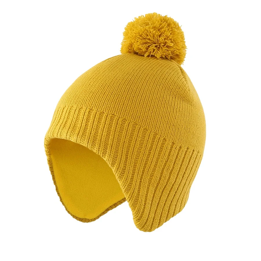Yellow Новинка; модная однотонная зимняя теплая шапка для мальчиков и девочек с флисовой подкладкой; детская шапочка с помпоном - Цвет: Yellow