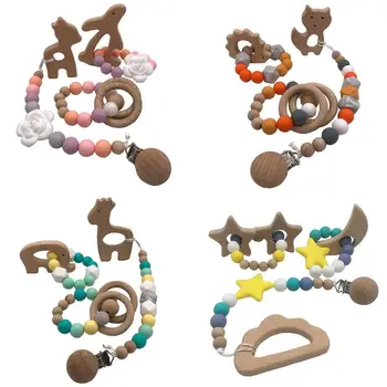 

3 Pcs/set Baby Nipple Clip Silicone Wooden Bracelet Newborn Teether Pacifier Chain Chew Molar Toy