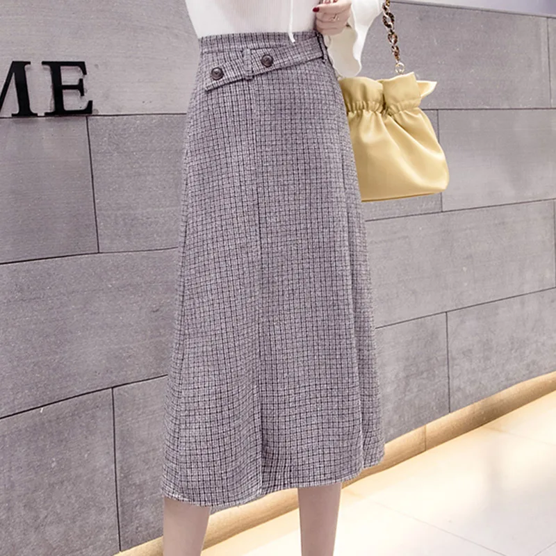 Gray Winter New Midi Plaid Woolen Skirts Women Fashion A-Line Skirts Ladies Streetwear Plus Size High Waist skirt - Цвет: Gray