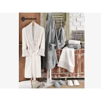 

Mina Laced Bamboo Bathrobe Set Cream Green