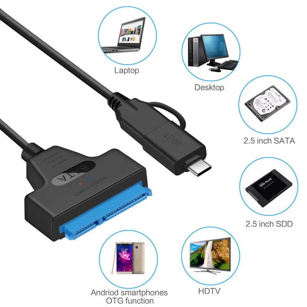 SATA Adapter Cable Harddisk To USB Type-c Converter Cord USB 3 0 2-in-1 Fast Transmission Speed Cable