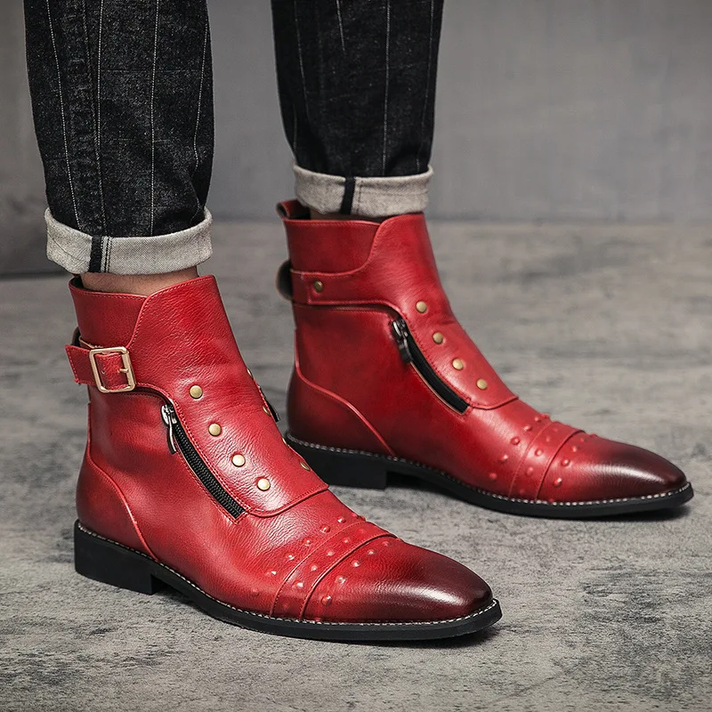 

Yomior 2021 Big Size Spring Autumn New Vintage Men Shoes Pointed Toe Zip Rivet Ankle Boots Designer Leather Platform Work Boots