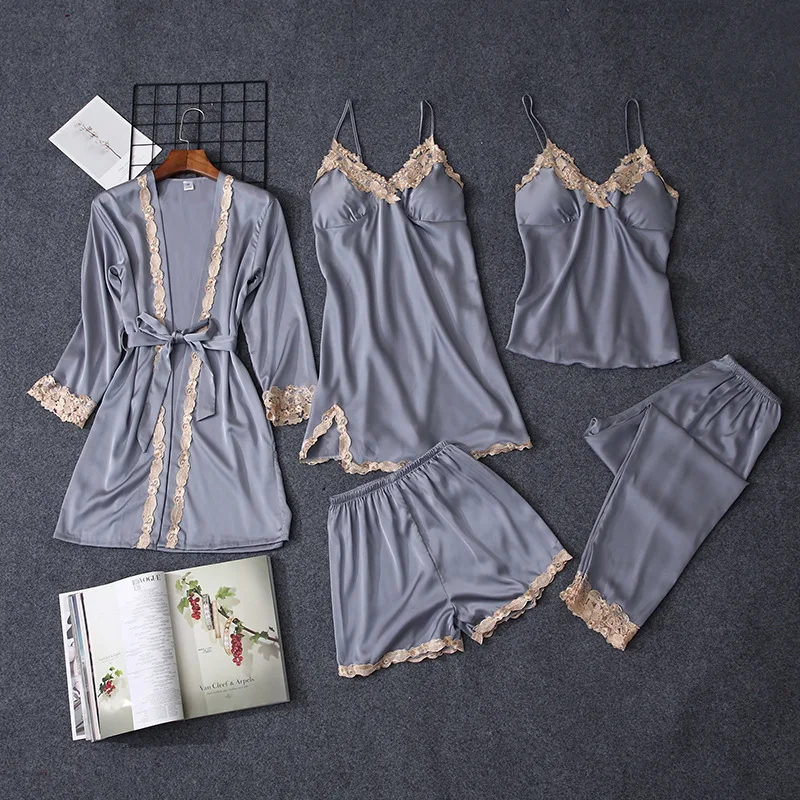 Пижамы Для женщин пижамные комплекты одежда для сна 5 шт./компл. ночная рубашка ночь костюм шелка, как пижамы для женское нижнее белье «babydolls» Для женщин Пижама - Цвет: Gray
