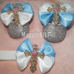 Chaussures de luxe à strass pour bébé fille, ensemble de bandeau de premier pas, chaussures de princesse à cristaux scintillants, cadeau de fête prénatale 