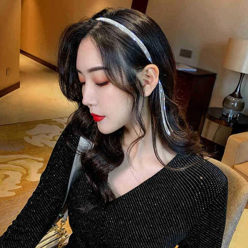 

Shiny Rhinestone Tassel Headbands For Women Fashion Crystal Hairband Temperament Hanging Hair Accessories Bridal Wedding Jewelry