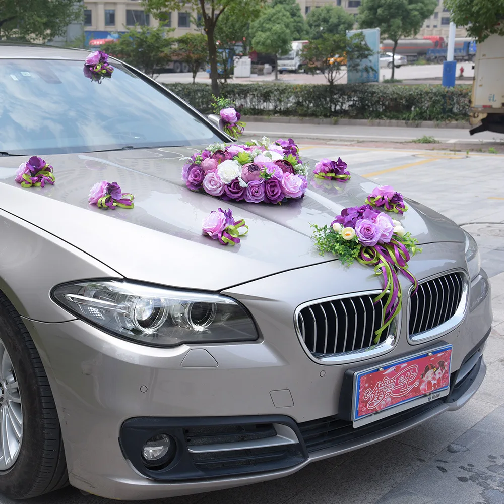 Фиолетовый Искусственный цветок розы с лентой для свадебной двери автомобиля ручки зеркало заднего вида цветы для невесты Значки для вечеринки декора автомобиля