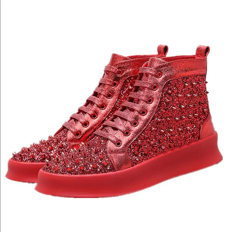 High Quality Rivets Embellished Men Casual Shoes Lace Up Red