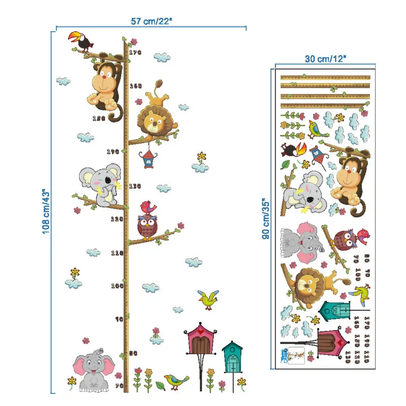 Джунгли животные Лев Обезьяна Сова высота измерения для детей комнаты роста диаграммы детской комнаты декор настенные наклейки искусство