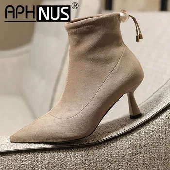 

APHNUS Womens Boots Beading Office Work Short Ankle Booties Mid High Heels Pumps Woman 2020 Shoes For Women New Boot