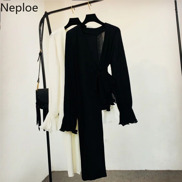 Neploe, новинка, v-образный вырез, блузка, рубашка для женщин, длинный рукав-клеш, на шнуровке, блузки, топы, неровная, средней длины, модная одежда 38258