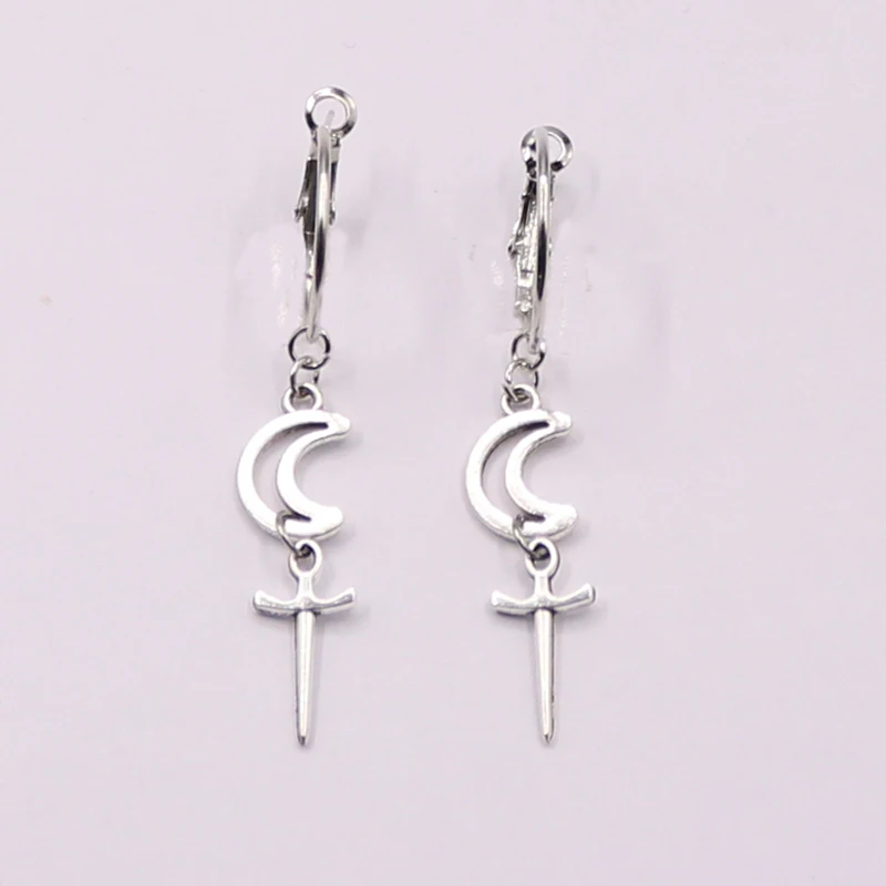 Crensent Moon Earrings Victorian Large Sword Earrings Gothic silver Dark Witchy Goddess Goth