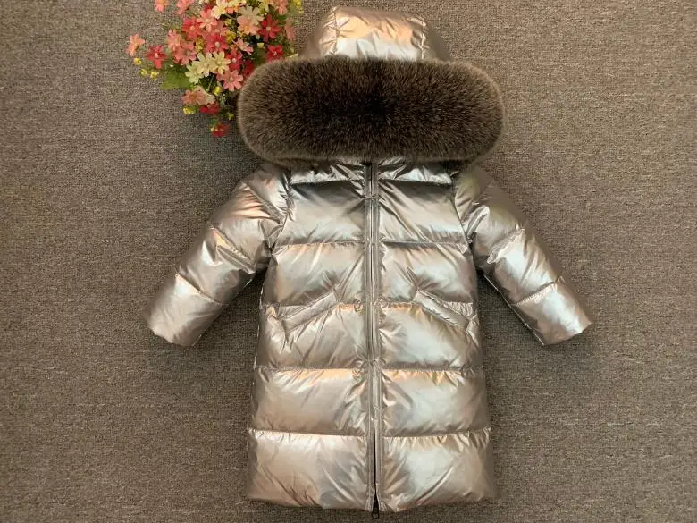 silver fox fur Г., зимняя детская куртка-пуховик на утином пуху теплые длинные зимние пальто для маленьких мальчиков и девочек детские теплые пуховики с натуральным мехом норки/лисы - Цвет: silver fox fur