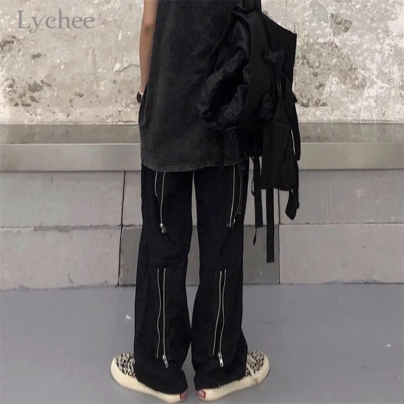 Lychee, Харадзюку, одноцветные, на молнии, женские штаны, повседневные, свободные, с эластичной талией, прямые, женские брюки, весна, осень, для девушек