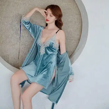 

2019 autumn and winter women's pajamas two-piece sexy gold velvet nightgown split temptation lace solid color nightgown