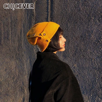 

CHICEVER Patchwork Button Hats For Women Joker Solid Color Wool Hat Keep Warm Soft Knitting Hat Female 2020 Tide Autumn Winter