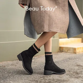 

BeauToday Stretch Fabric Boots Women Round Toe Slip-On Autumn Winter Ladies Sock Boots Med Heel Handmade 02216