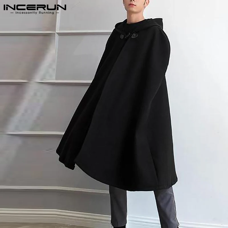 New Men's Fashion Korean Style Single-breasted Cloak Coat Solid Color Autumn Winter Cape Hooded Poncho Coat S-5XL INCERUN 2021