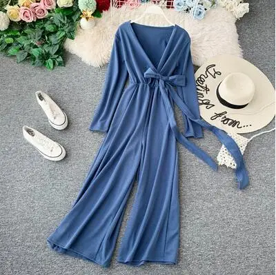 Light blue Новые сексуальные широкие брюки с v-образным вырезом элегантные комбинезоны размера плюс комбинезон с длинным рукавом Комбинезоны-туники для женщин со шнуровкой на талии - Цвет: Light blue