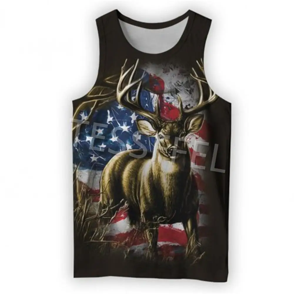 

Tessffel 3D Printed Deer Hunting Hunter US Flag Forest Animal Summer Vest Harajuku Street Casual Clothing Top Style3