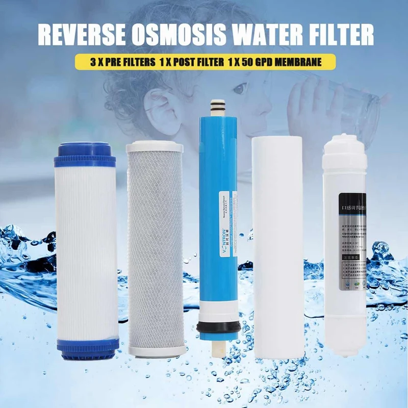 5Pcs 5 Stage Ro Reverse Osmosis Filter Replacement Water Purifier Cartridge Equipment With 50 Gpd Membrane Water Filter Kit