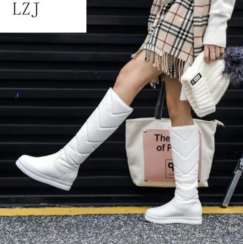 

Winter Warm Plush Knee High Boots Women comfy Flat Heel Snow Boots Slip On Platform Woman Shoes Black Pink White 2019