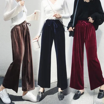 

2020 Korean Style Elastic Waist Loose Pants Solid Color Gold Velvet Pleated Wide Leg trouser All-match Slacks