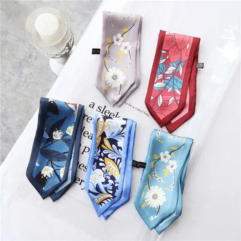 

2020 New 7x92cm Long Skinny Hair Neck Tie Collar Scarf Ladies Flower Printed Silk Satin Head Handbag Ribbon Scarfs for Women
