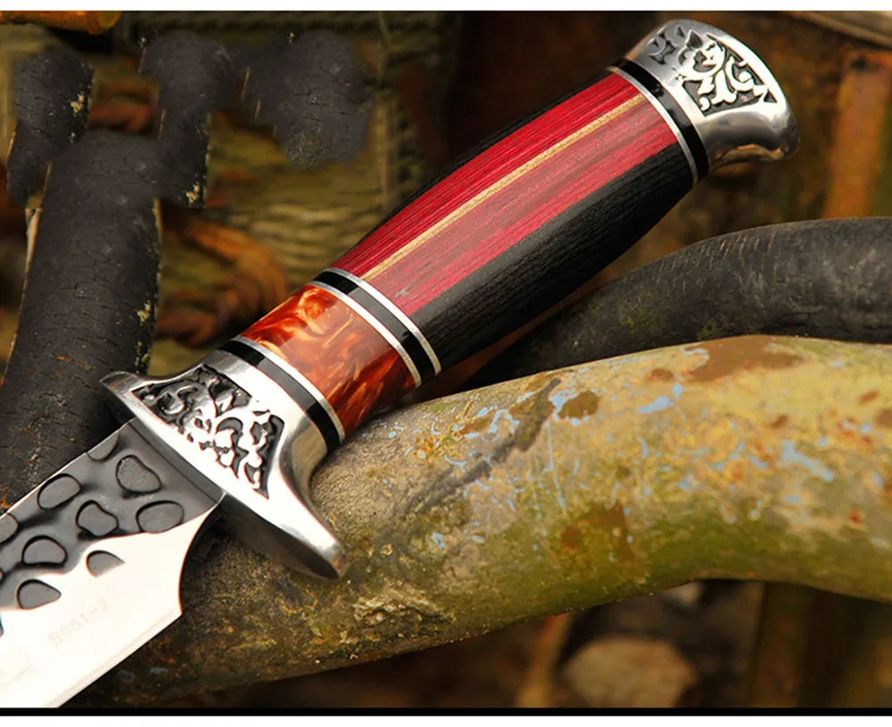Wooden Handle Straight Knife 5cr13mov Hunting Knife Outdoor Camping Tactical Fixed Blade Pocket Survival Knives Leather Cover