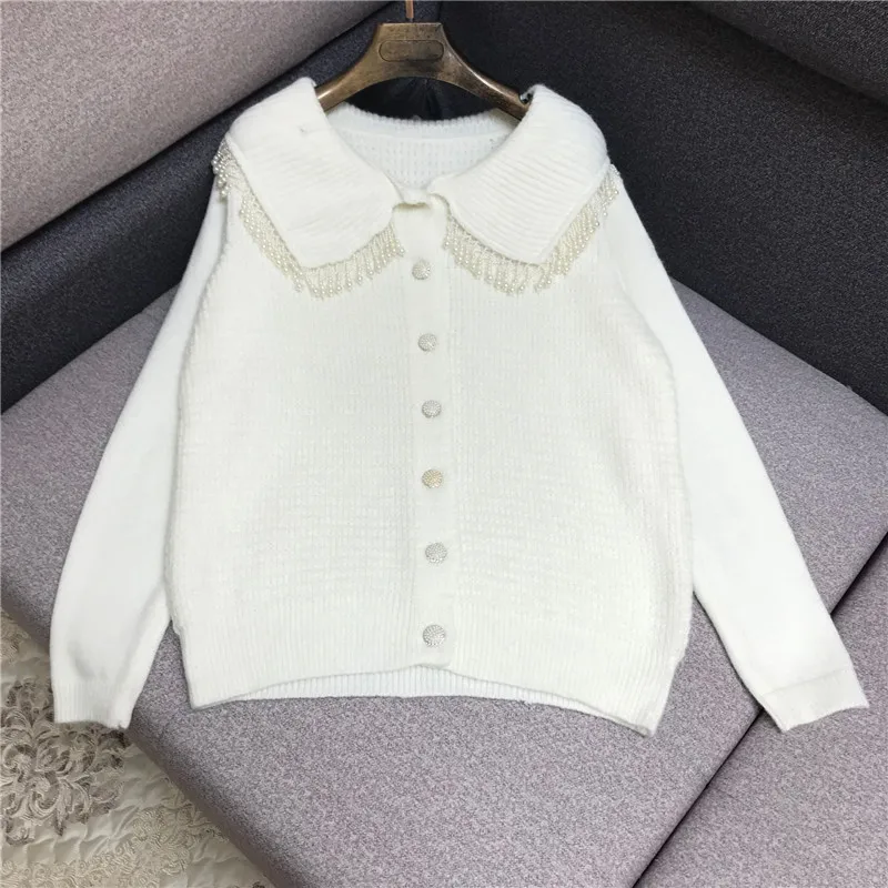 

Luxury Designer Brand Knitted Cardigans for Women Causel Turn Down Collar Pearl tassel Knitted Sweater