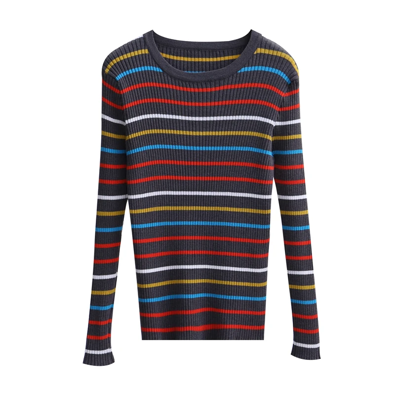 New Women Rainbow Stripe Sweater Winter Slim Long Sleeve Pullover Tops Korean Ladies Knitted Elegaht Sweaters Woman Jumper Mujer