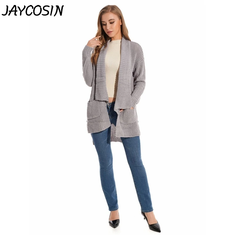 JAYCOSIN, женские свитера, Осень-зима, однотонный, отложной воротник, карман, вязаный свитер, пальто, Повседневный, накидка, кардиган, свитер, пальто