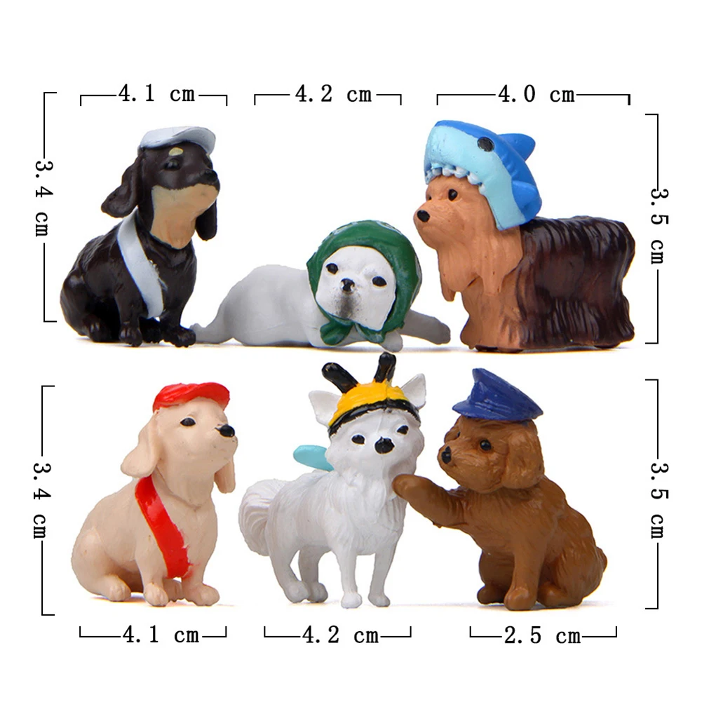 6Pcs Cute Hat Dog Puppy Model Figurine Desk Decor Miniature Landscape Accessory