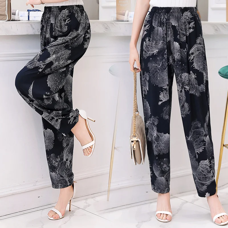 Plus Size Floral Print Vintage Summer Pants for Women with Elastic Waist - Elegant and Casual Wide Leg Trousers from XL to 5XL image 4