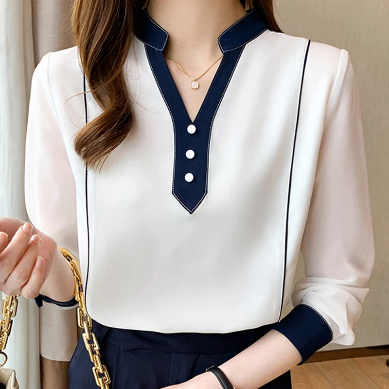 Blusas Для женщин блузки блузка Mujer De Moda 2021 Verano с v-образным вырезом Шифоновая рубашка