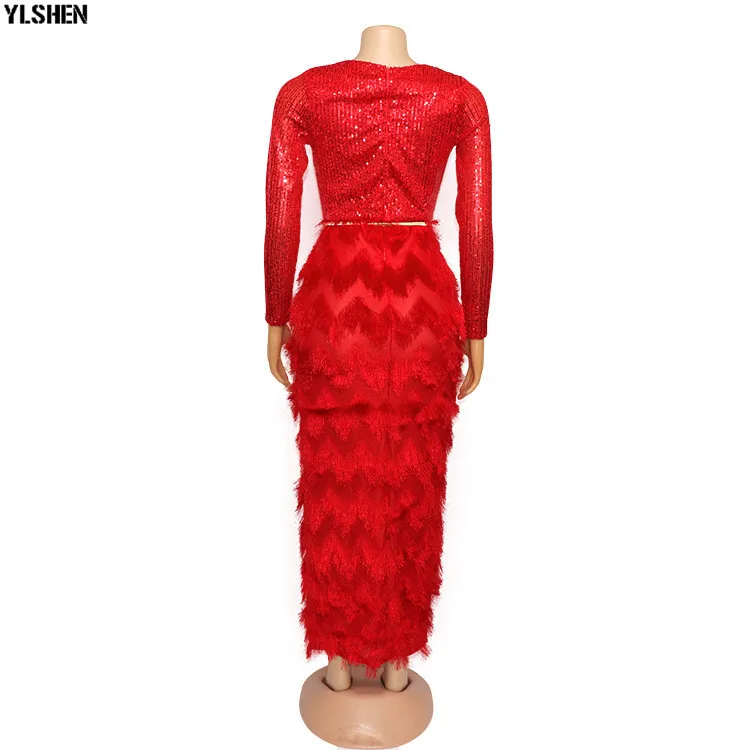 New African Dresses for Women Fashion Sequins Fur Fabric Bodycon Long Maxi Dress African Clothes Lady Elegant Paty Evening Robe 05