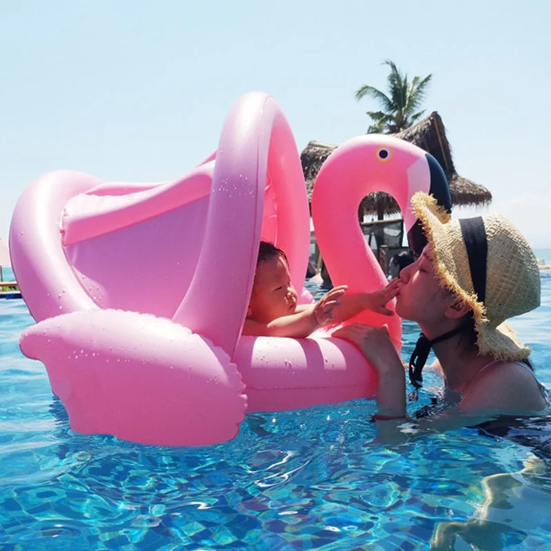 Детский надувной фламинго для бассейна 0-3 лет, надувной лебедь для бассейна с солнцезащитным козырьком, кольцо для плавания, безопасное сиденье, игрушки для воды, Детский круг