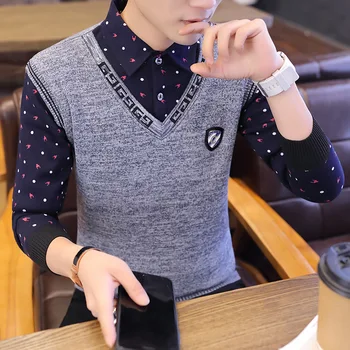 

Shirt Collar Men's Sweater Korean Version of The Trend of Fake Two-piece Sweater Youth Slim Bottoming Shirt To Keep Warm Shirt