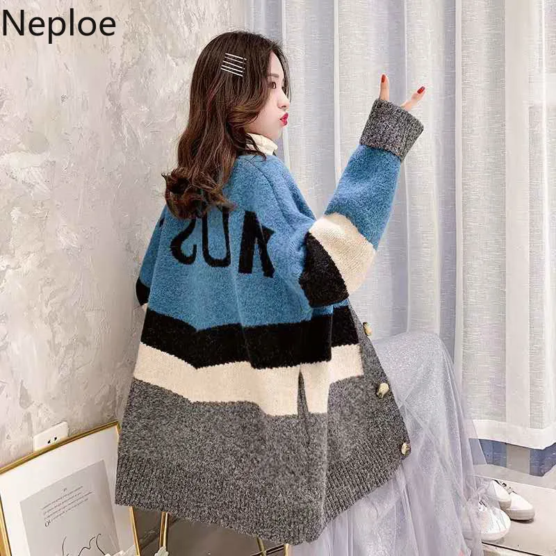 

Neploe Korean Crazy Style Loose Slim Sweater Cardigans Women Mid Long Patchwork Letter Pull Femme Knitted Winter Coat 46509